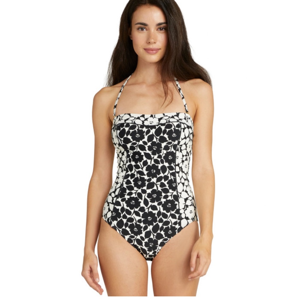 Kate Spade Spliced Bandeau One‎ PieceSwimsuit Rosy Garden Black & White Sz nwot